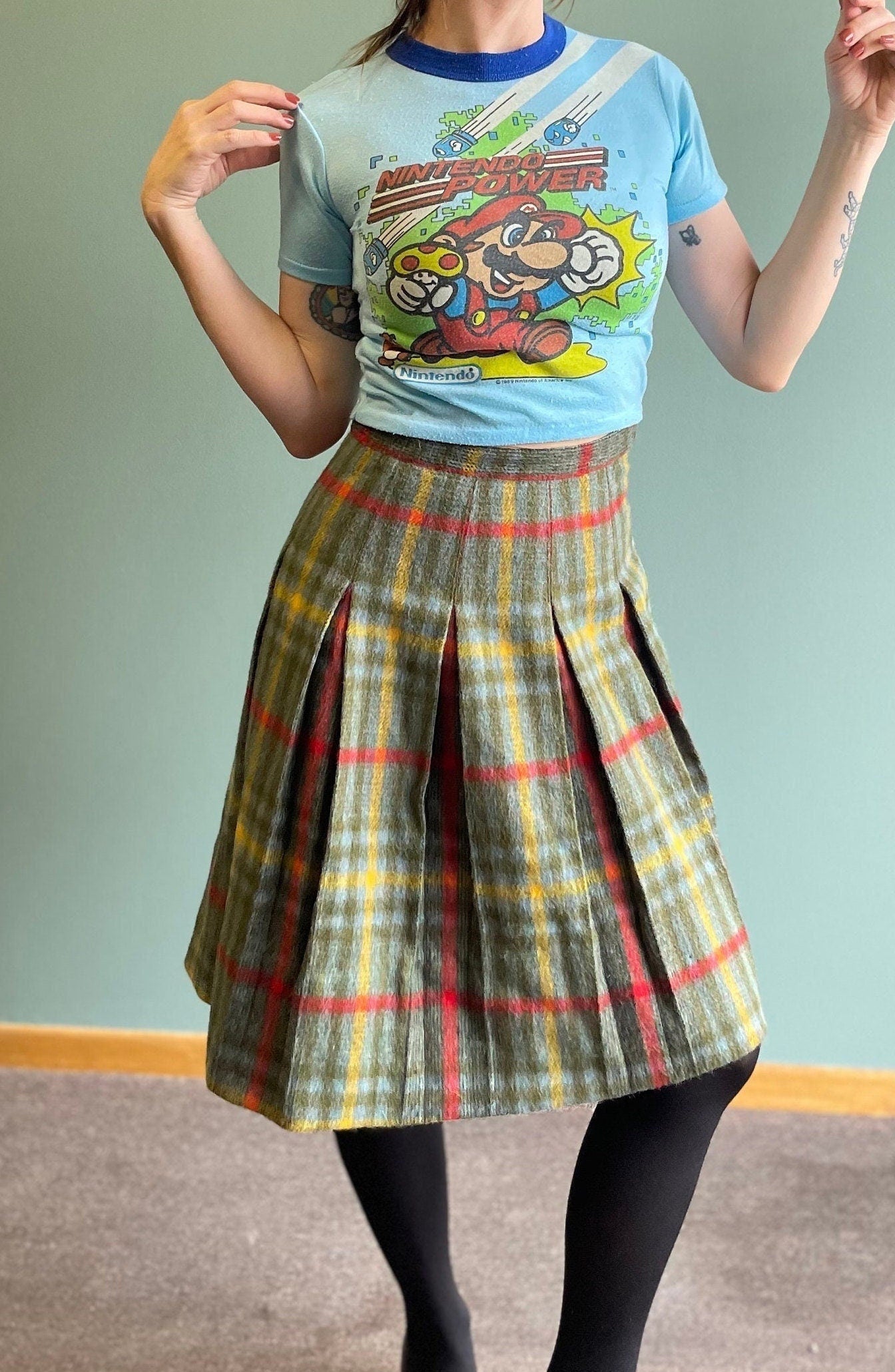 vtg 60s FUZZY PLAID SKIRT // vintage preppy pleated plaid neutral earth tones flannel school uniform wool mid length 1970s kilt punk cottage