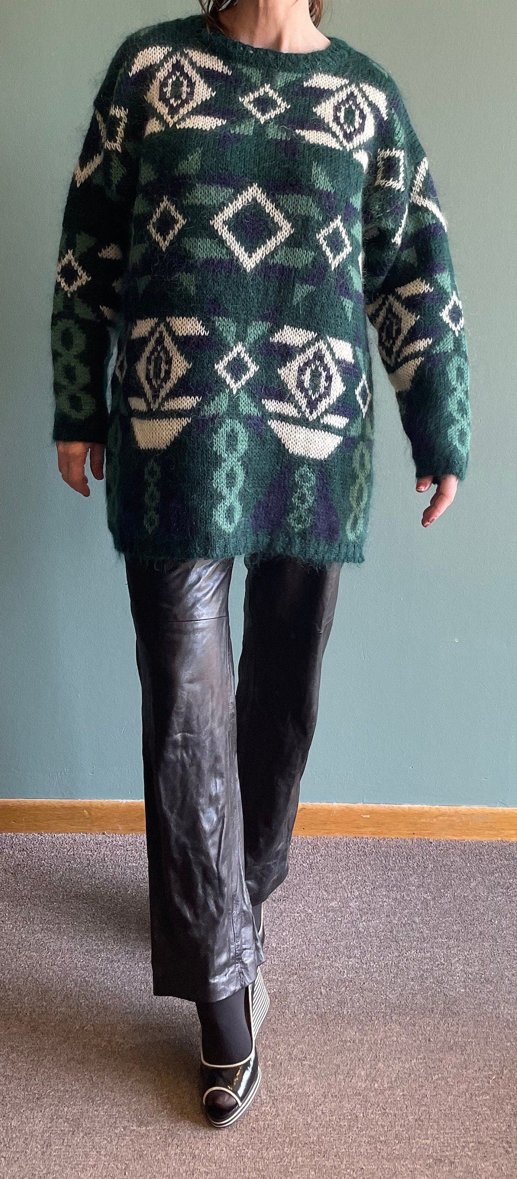 vtg 80s LONG MOHAIR SWEATER // vintage geometric pattern sweater dress green fuzzy oversized slouchy shaggy cozy autumn casual style sweater