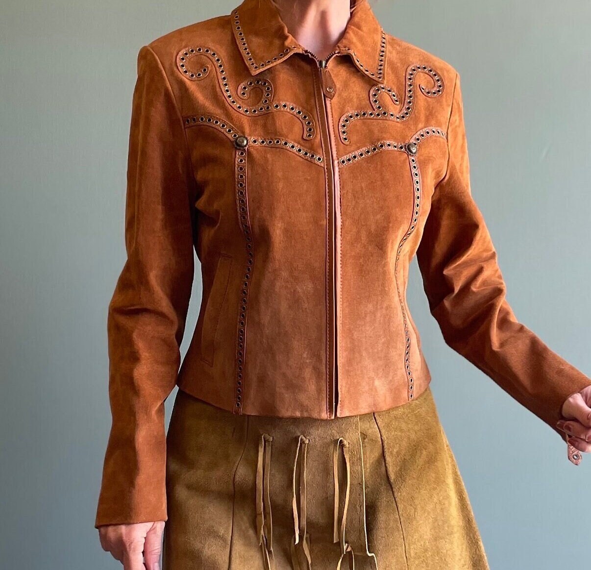 vtg 90s TOOLED SUEDE JACKET // vintage cripple creek small womens studded leather embroidered zip up autumn fashion 70s style retro western