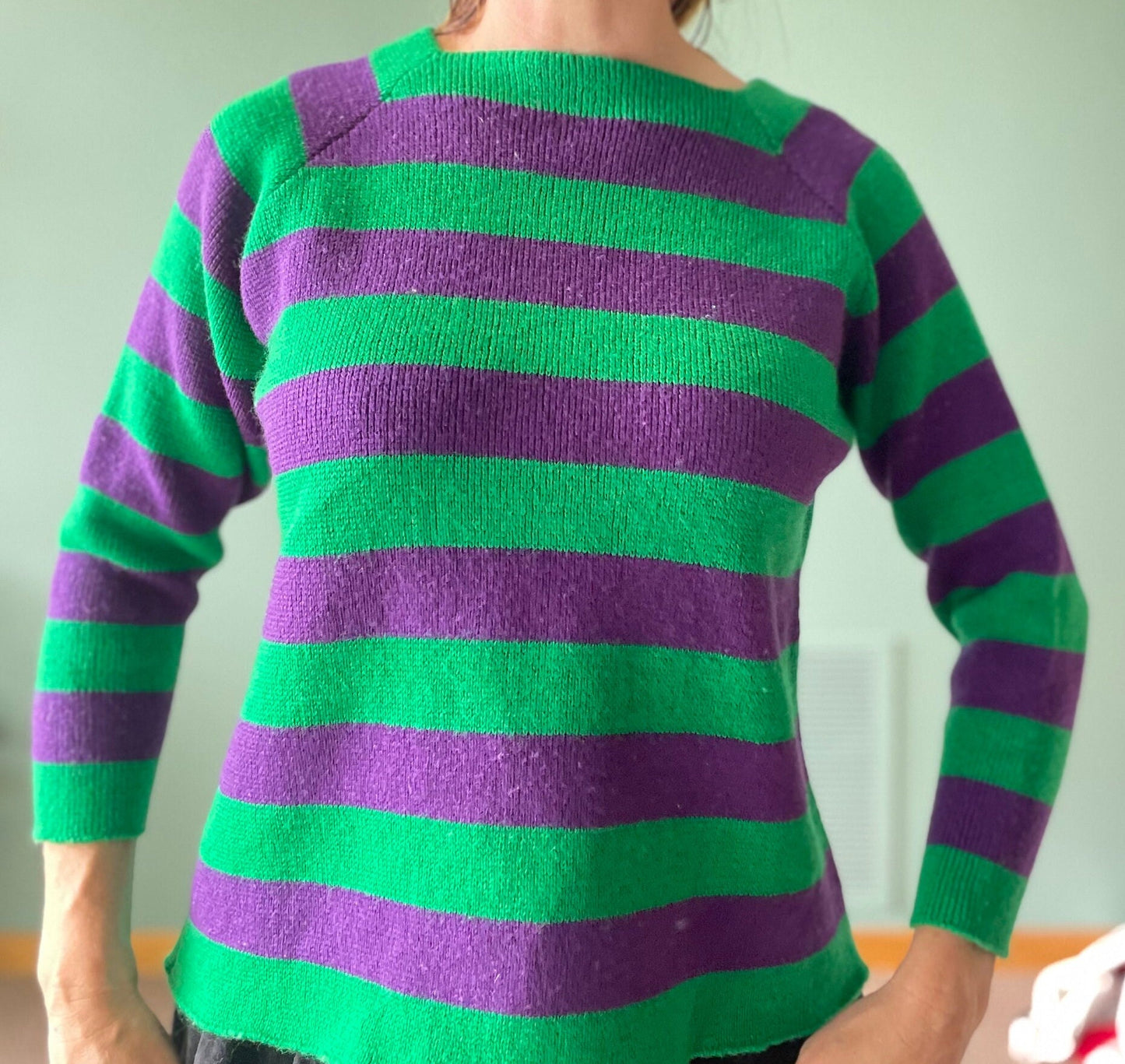 vtg 60s PURPLE GREEN STRIPED Sweater // vintage maternity vivo medium womens retro mod bright knit funky autumn fitted dyed wool halloween