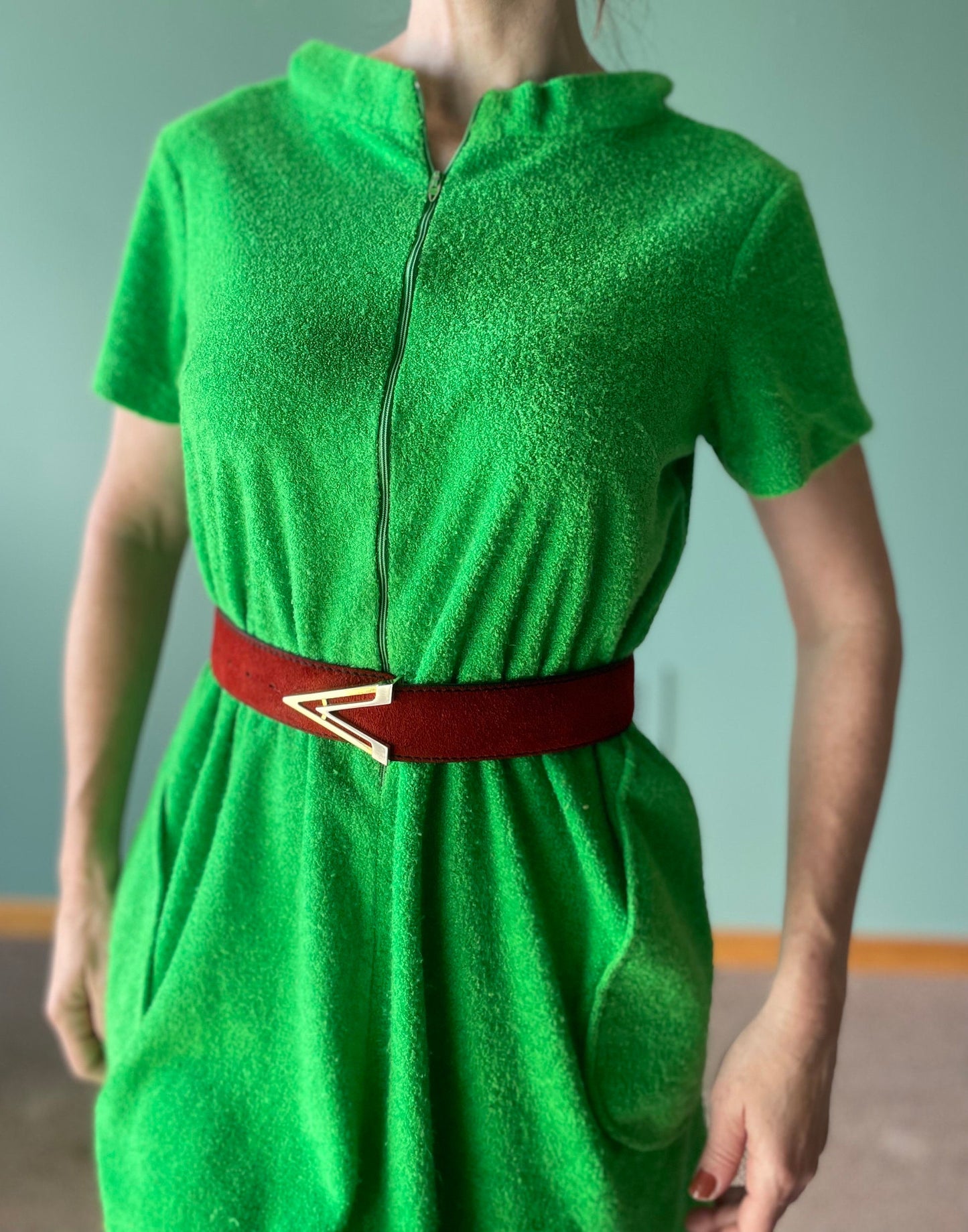 vtg 70s GREEN TERRY CLOTH // vintage mini dress mod tent dress loose fit with pockets bright neon green towel dress fuzzy textured cover up