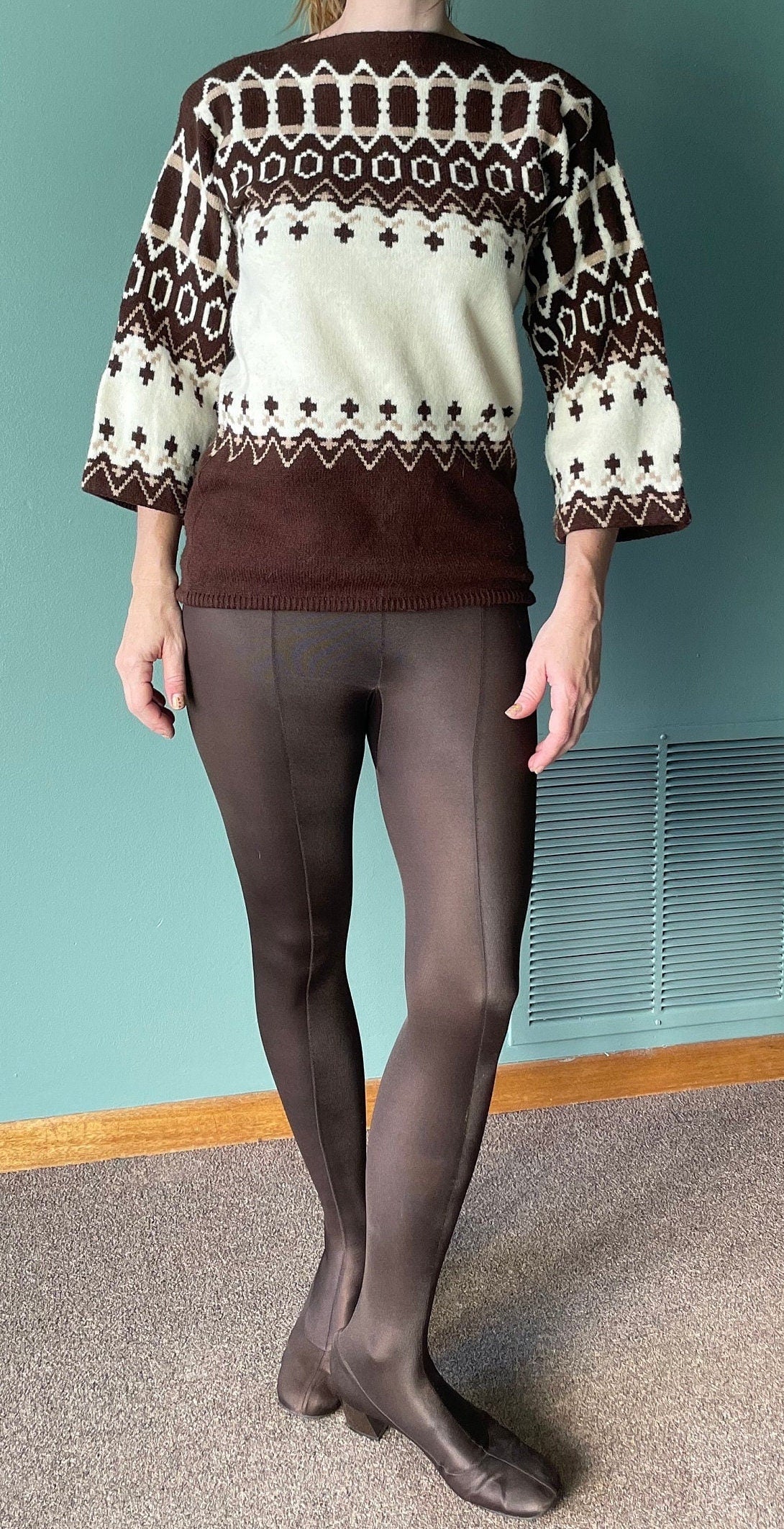 vtg 70s ABSTRACT PATTERN SWEATER // vintage pure gould usa sidney gould womens small flare sleeve tie waist cropped peplum autumn sweater