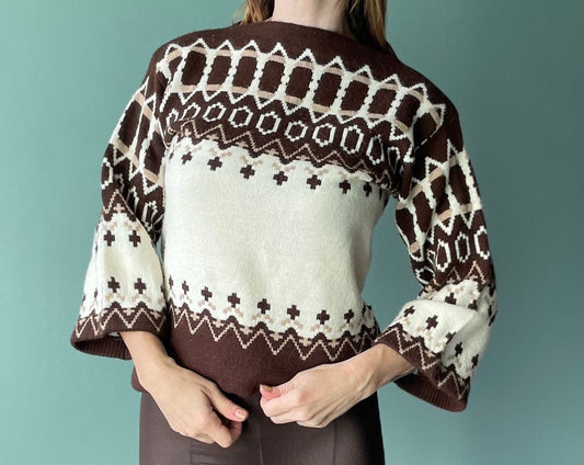 vtg 70s ABSTRACT PATTERN SWEATER // vintage pure gould usa sidney gould womens small flare sleeve tie waist cropped peplum autumn sweater