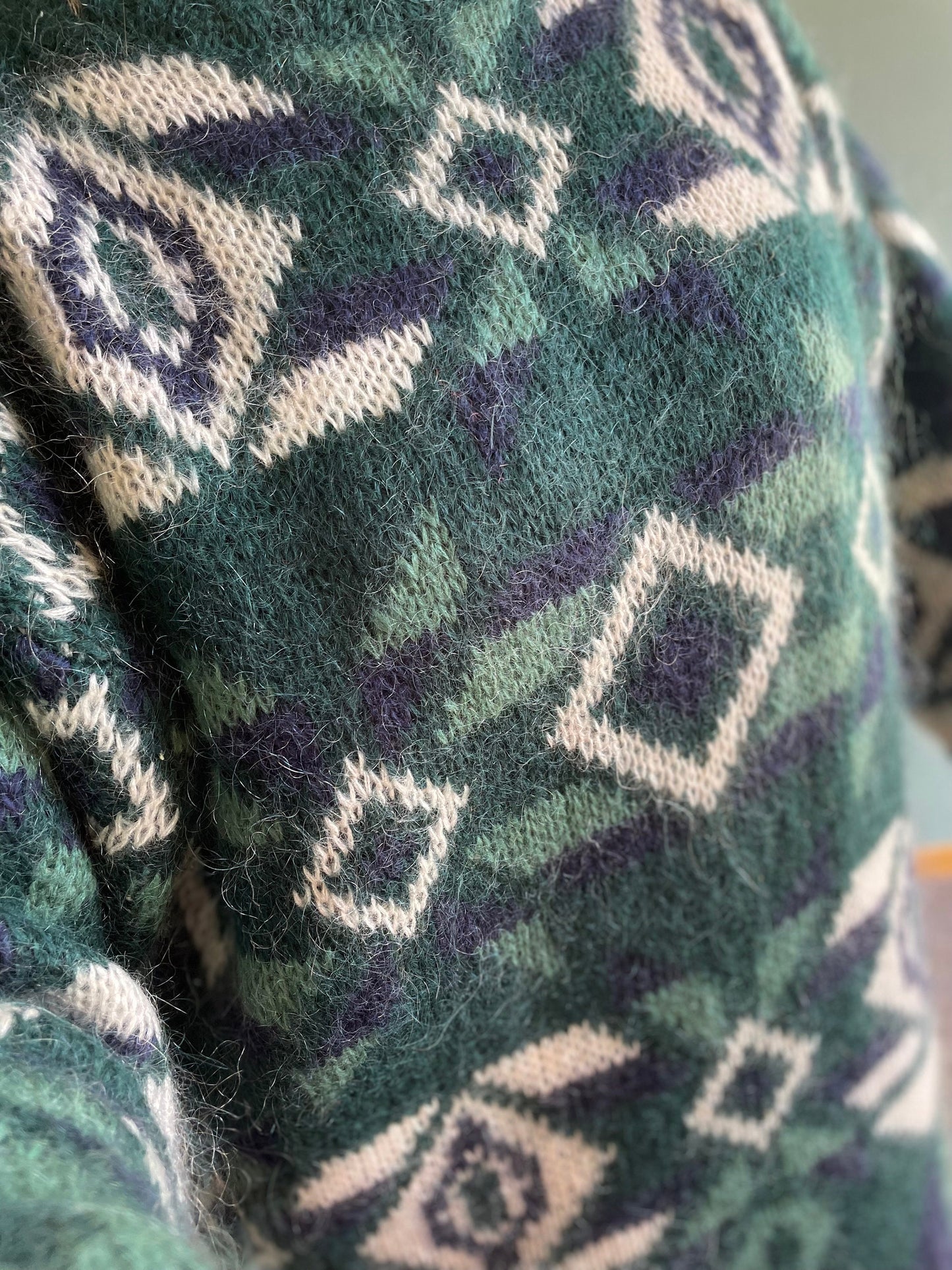 vtg 80s LONG MOHAIR SWEATER // vintage geometric pattern sweater dress green fuzzy oversized slouchy shaggy cozy autumn casual style sweater