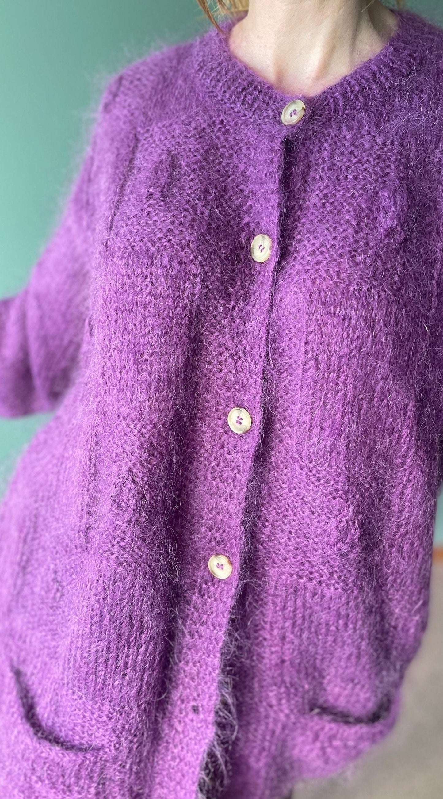 vtg 80s PURPLE MOHAIR SWEATER / vintage womens large shaggy 3D textured design fuzzy oversized cardiga long autumn sweater winter dress coat