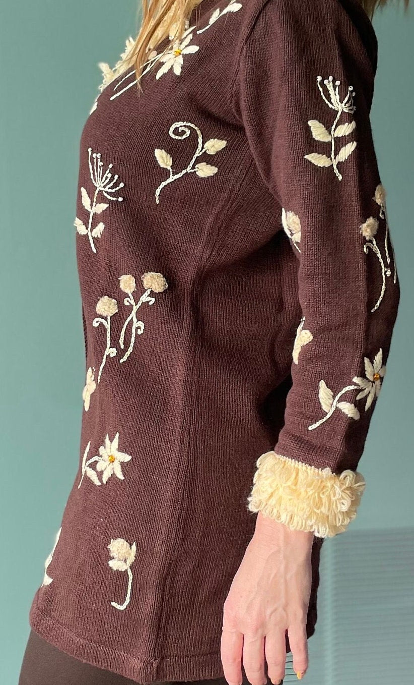 vtg 90s CHOCOLATE SHAGGY TRIM // vintage small womens long cardigan phoebe buffay style 90s fashion storybook knits embroidered autumn style