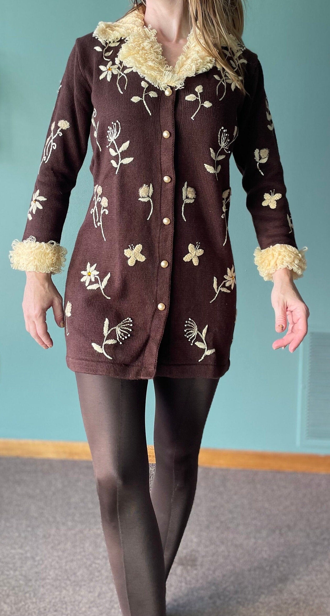 vtg 90s CHOCOLATE SHAGGY TRIM // vintage small womens long cardigan phoebe buffay style 90s fashion storybook knits embroidered autumn style