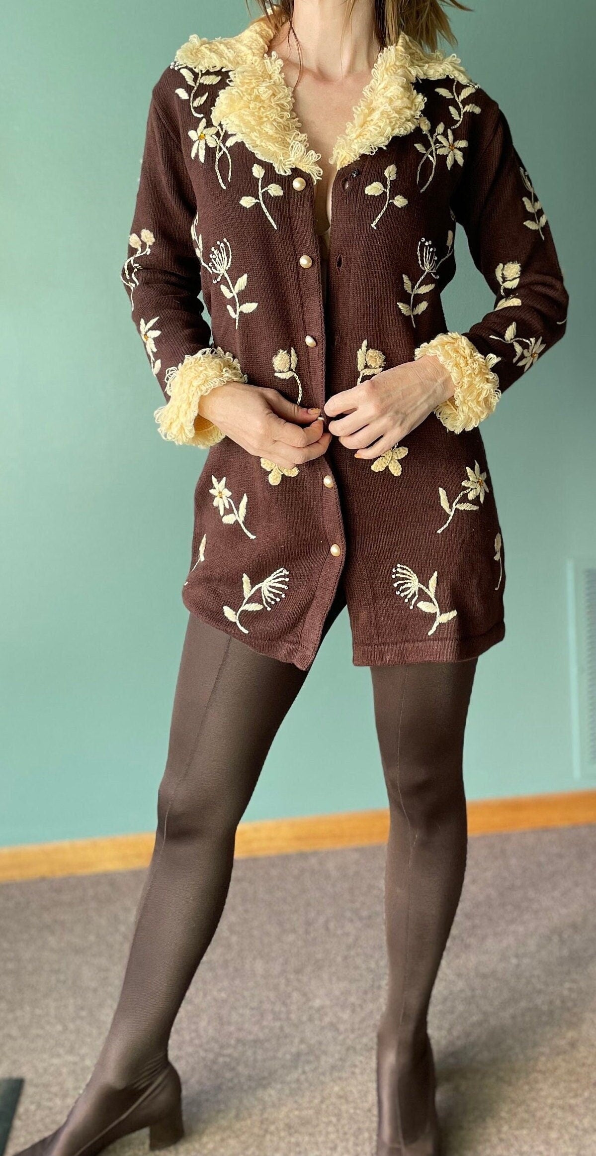 vtg 90s CHOCOLATE SHAGGY TRIM // vintage small womens long cardigan phoebe buffay style 90s fashion storybook knits embroidered autumn style