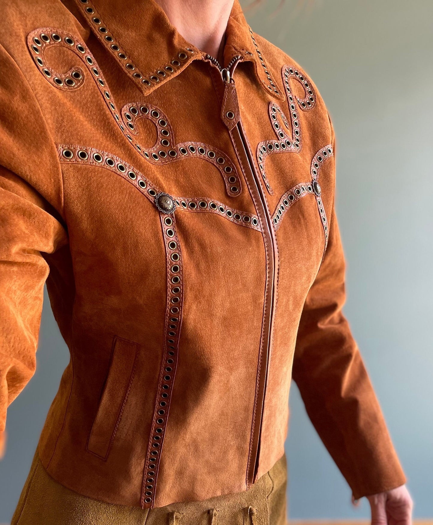 vtg 90s TOOLED SUEDE JACKET // vintage cripple creek small womens studded leather embroidered zip up autumn fashion 70s style retro western