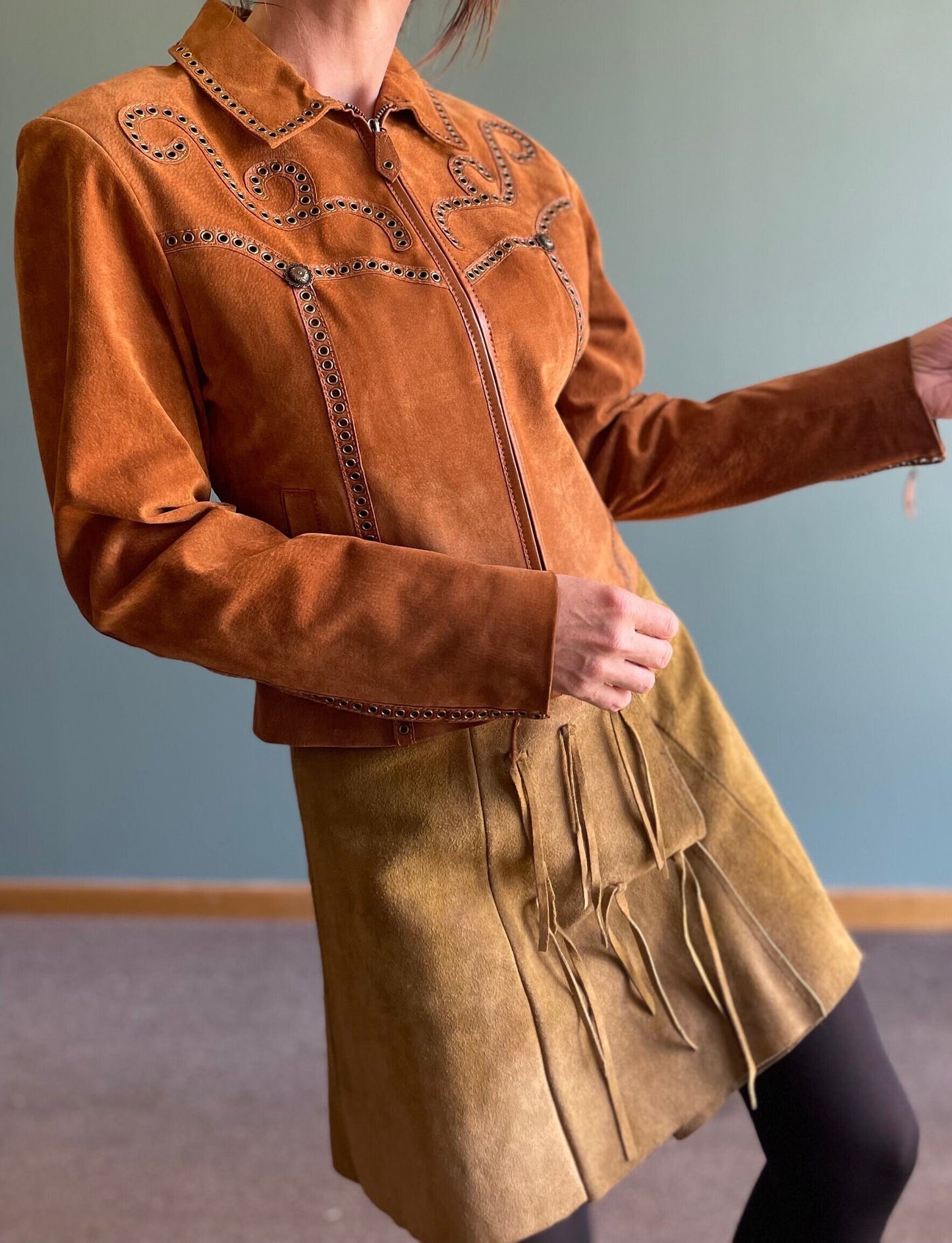 vtg 90s TOOLED SUEDE JACKET // vintage cripple creek small womens studded leather embroidered zip up autumn fashion 70s style retro western