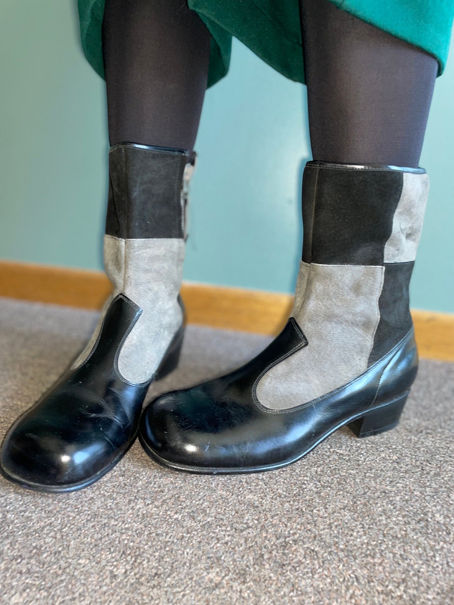 vtg 60s SUEDE PATCHWORK BOOTS // vintage gray & black checkered ankle boots hampton beatle boots mod leather chunky checkered retro autumn