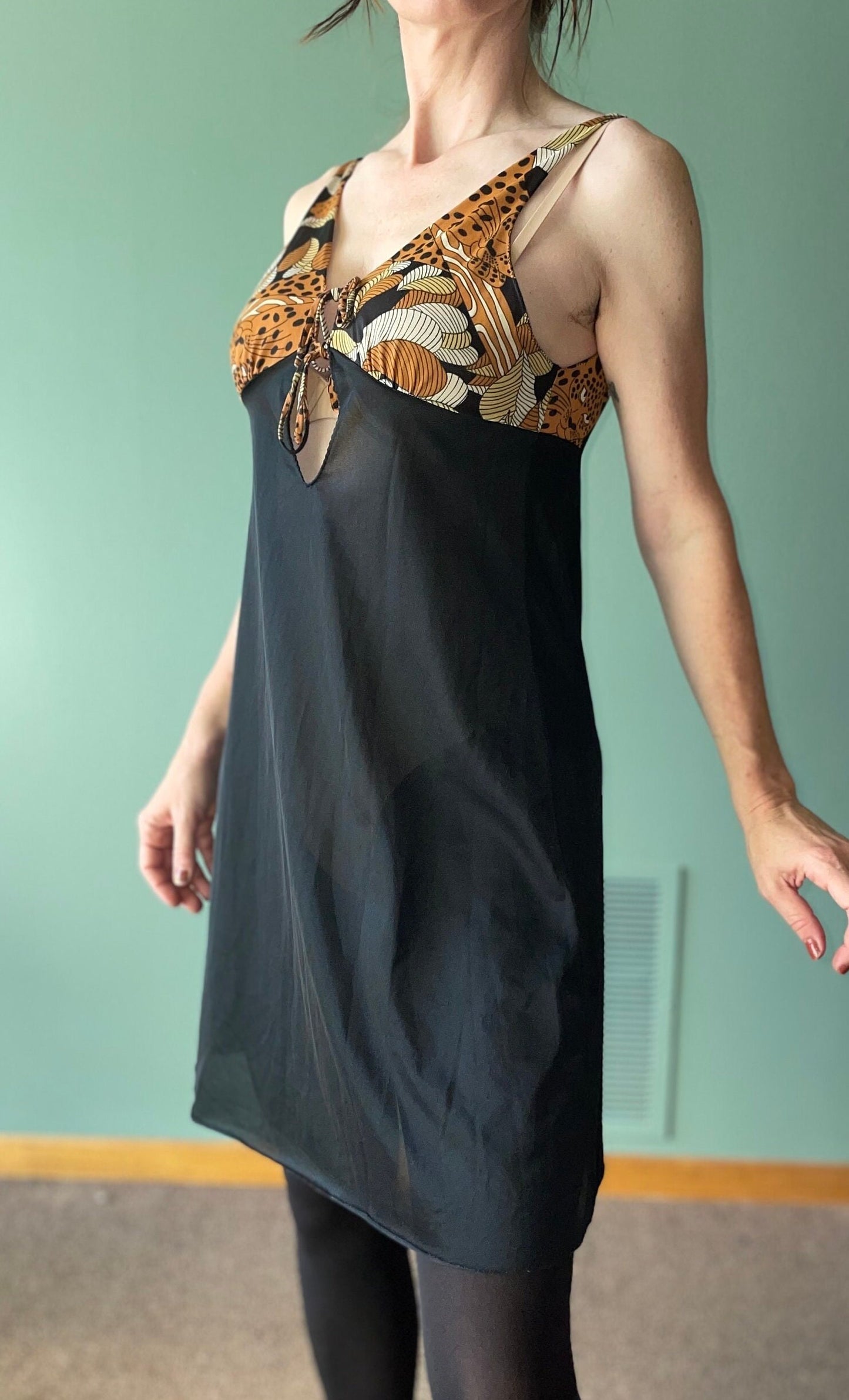 vtg 60s ANIMAL PRINT SLIP Dress // vintage mistee brand medium front tie sheer mini dress camisole teddy nightgown flowy sexy lingerie top