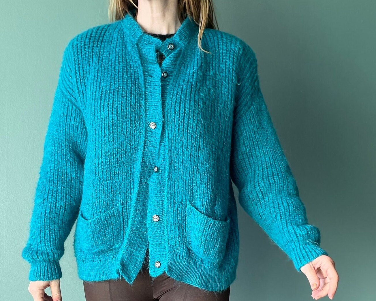 vtg 80s FUZZY TEAL CARDIGAN // vintage ribbed blue button up sweater womens medium shaggy bright funky casual cozy autumn style fashion top