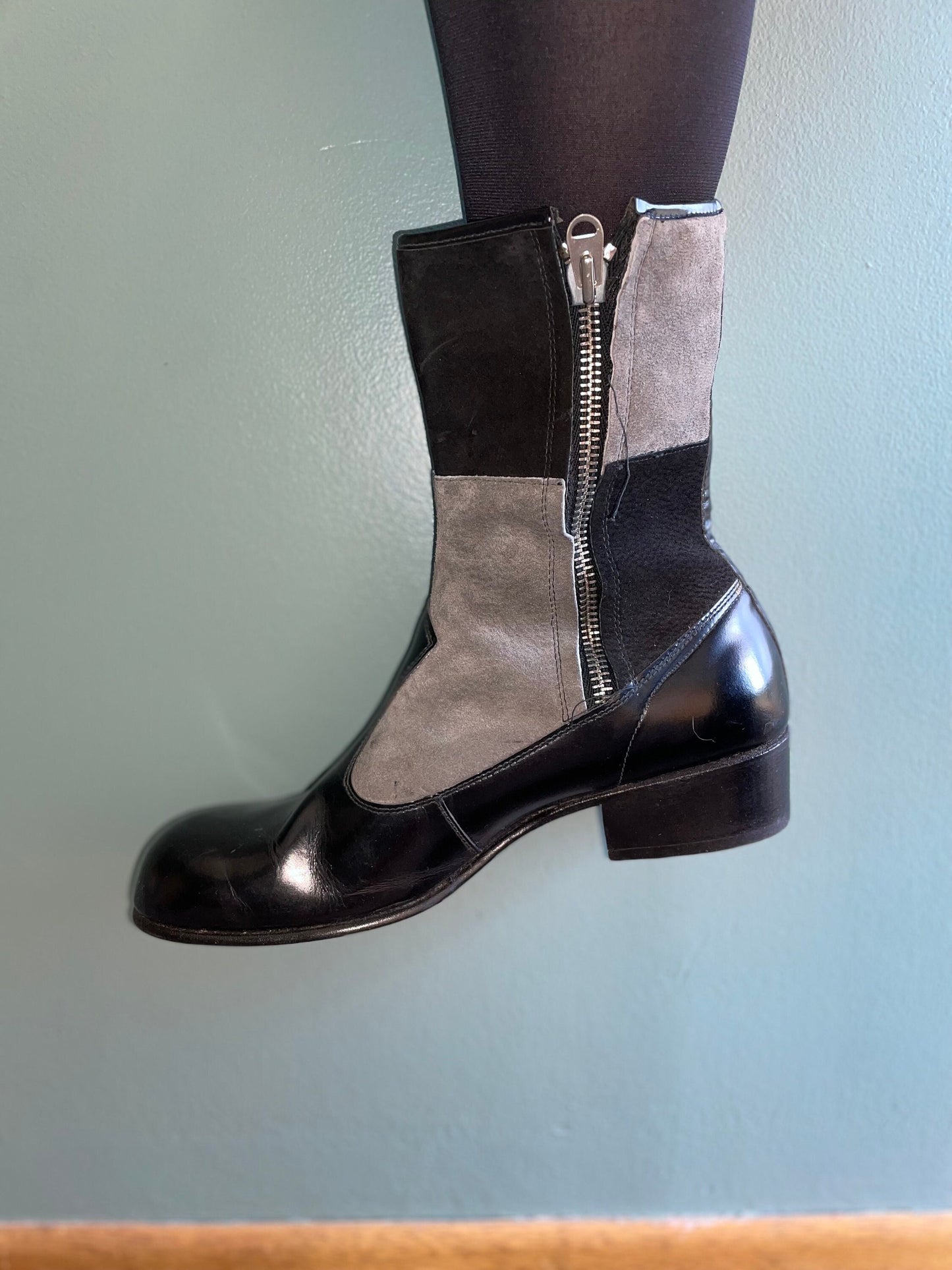 vtg 60s SUEDE PATCHWORK BOOTS // vintage gray & black checkered ankle boots hampton beatle boots mod leather chunky checkered retro autumn