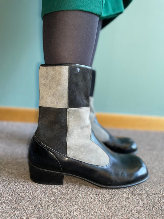 vtg 60s SUEDE PATCHWORK BOOTS // vintage gray & black checkered ankle boots hampton beatle boots mod leather chunky checkered retro autumn