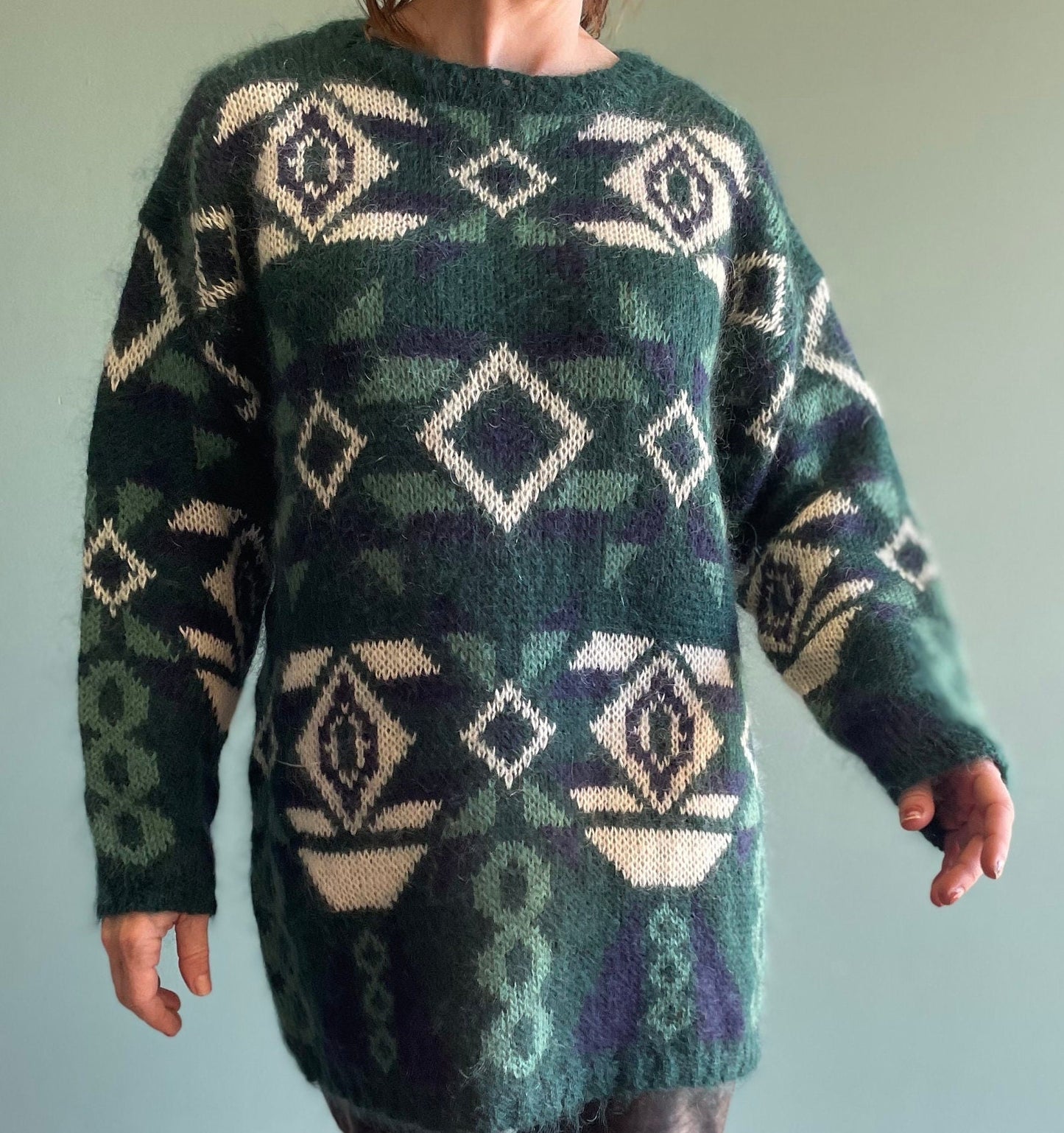 vtg 80s LONG MOHAIR SWEATER // vintage geometric pattern sweater dress green fuzzy oversized slouchy shaggy cozy autumn casual style sweater