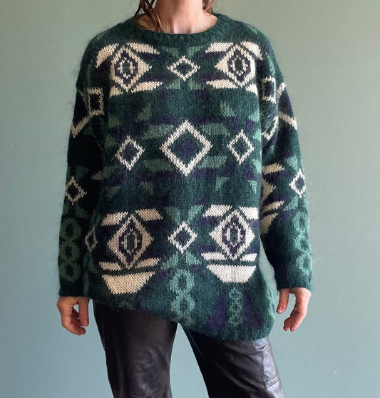 vtg 80s LONG MOHAIR SWEATER // vintage geometric pattern sweater dress green fuzzy oversized slouchy shaggy cozy autumn casual style sweater