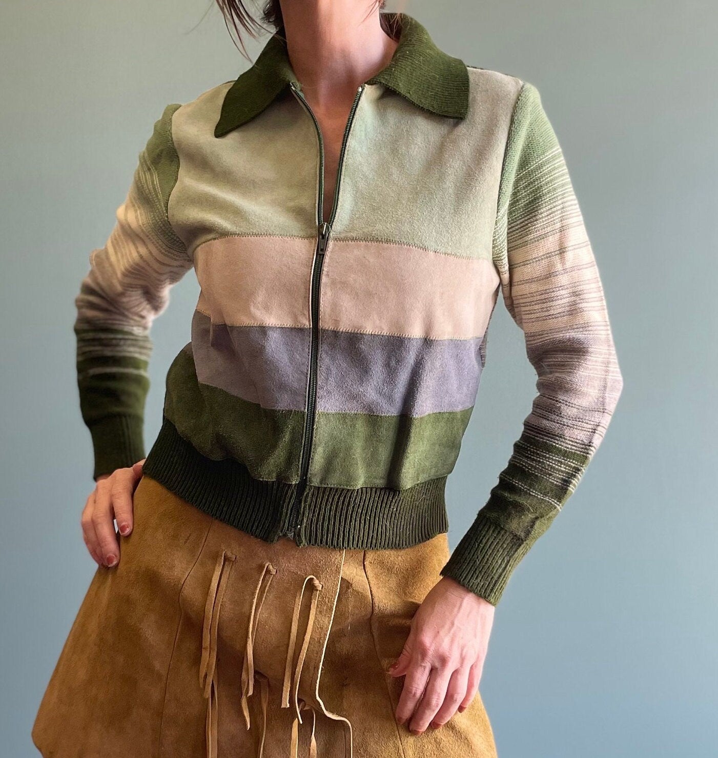 vtg 70s SUEDE PATCHWORK SPACE Dye // vintage montage medium zip up pointy collar mod hippie boho pastel green suede striped sweater jacket
