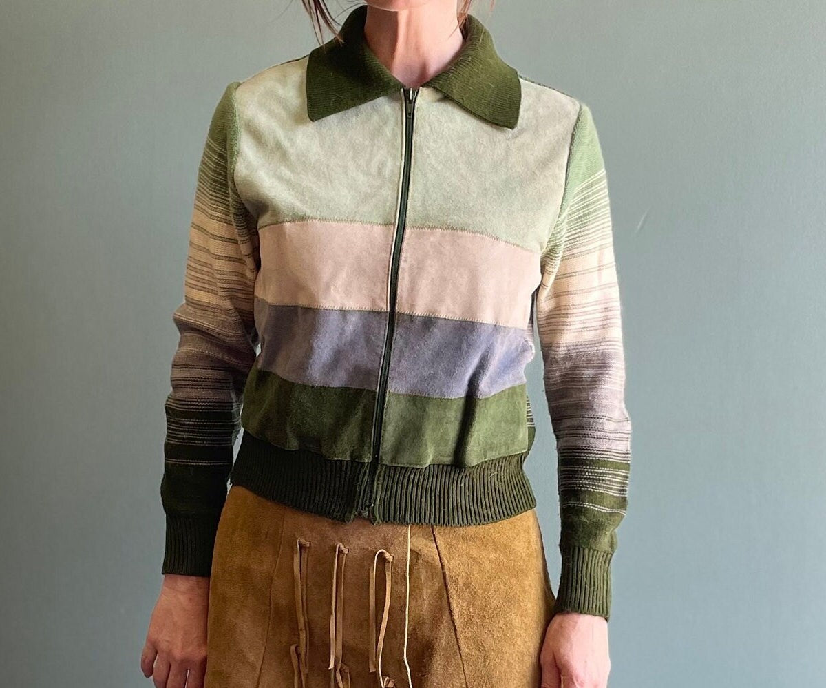 vtg 70s SUEDE PATCHWORK SPACE Dye // vintage montage medium zip up pointy collar mod hippie boho pastel green suede striped sweater jacket