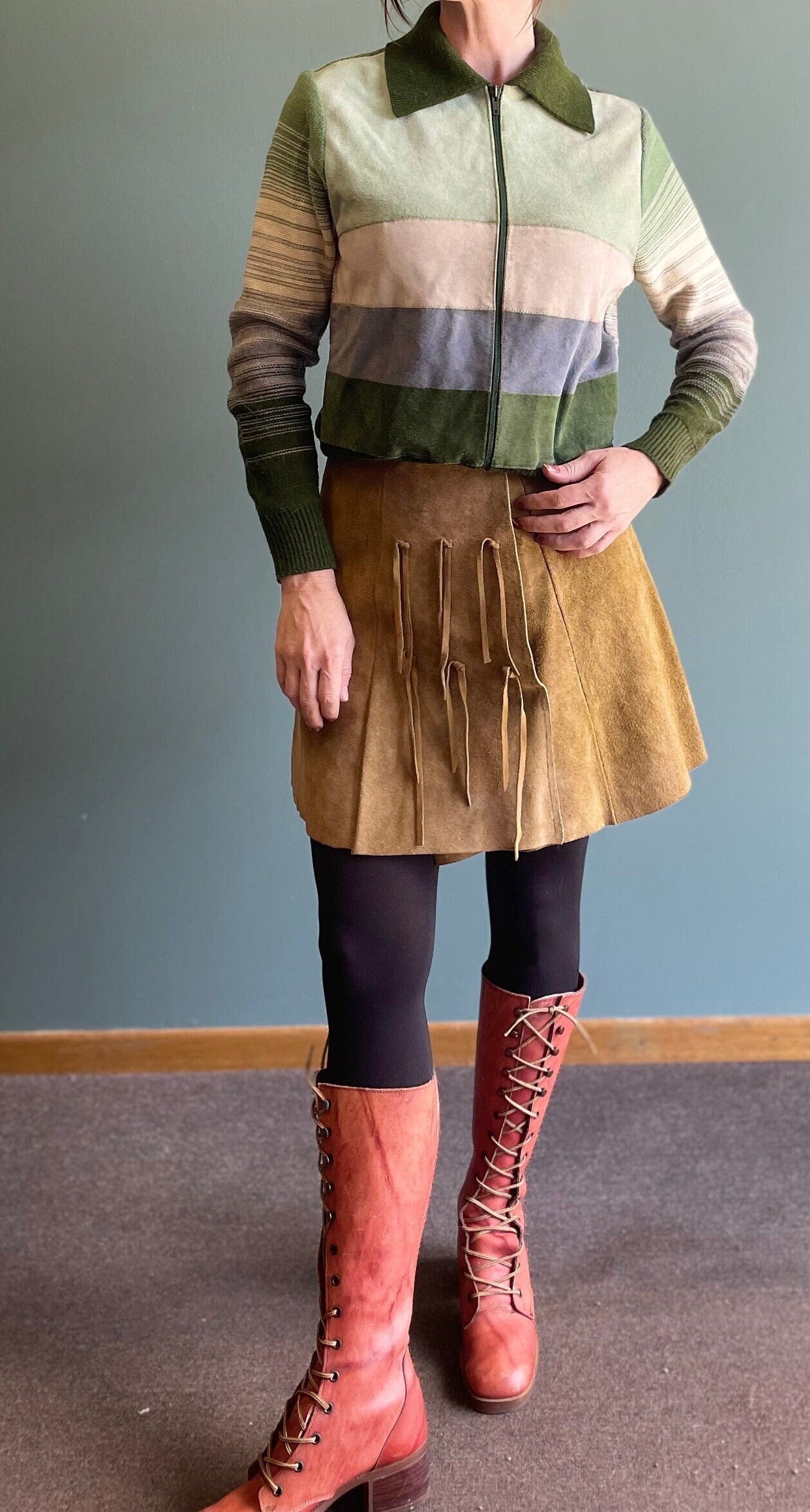 vtg 70s SUEDE PATCHWORK SPACE Dye // vintage montage medium zip up pointy collar mod hippie boho pastel green suede striped sweater jacket