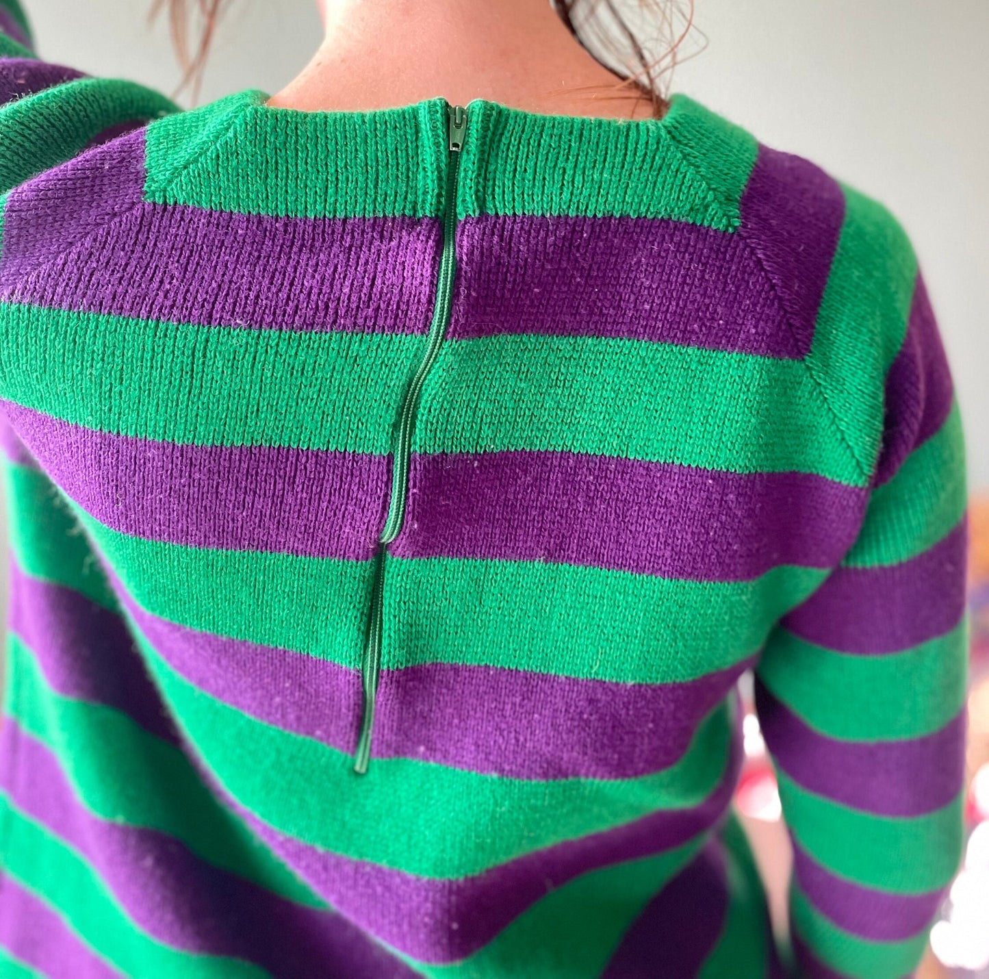 vtg 60s PURPLE GREEN STRIPED Sweater // vintage maternity vivo medium womens retro mod bright knit funky autumn fitted dyed wool halloween