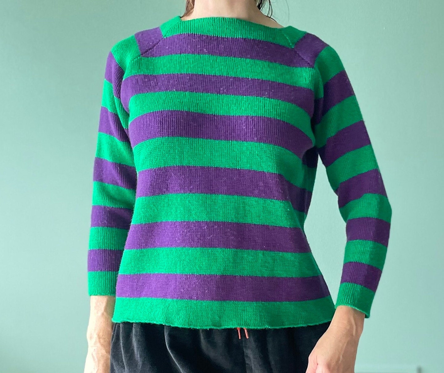 vtg 60s PURPLE GREEN STRIPED Sweater // vintage maternity vivo medium womens retro mod bright knit funky autumn fitted dyed wool halloween