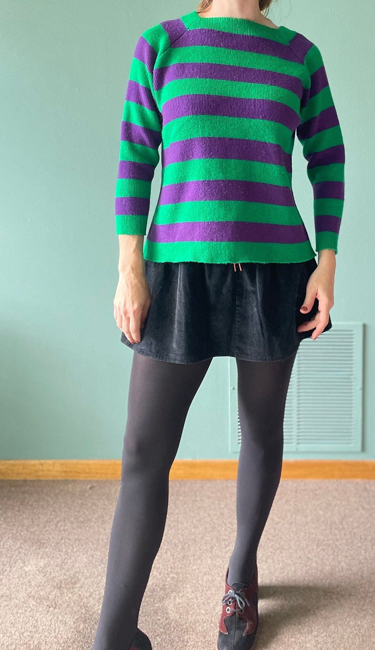 vtg 60s PURPLE GREEN STRIPED Sweater // vintage maternity vivo medium womens retro mod bright knit funky autumn fitted dyed wool halloween