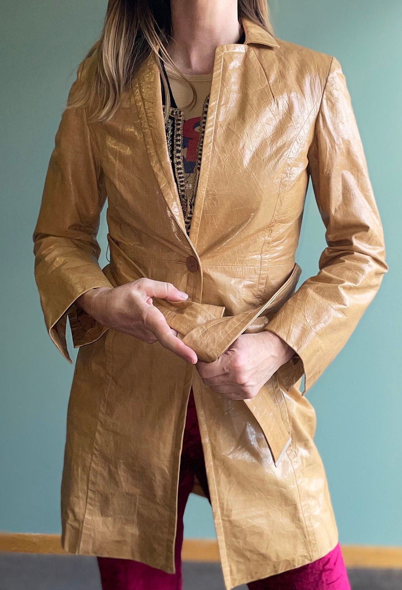 vtg 90s LEATHER CAMEL JACKET // vintage womens small retro tan long belted duster sexy neutral tones minimalist autumn style disco hippie