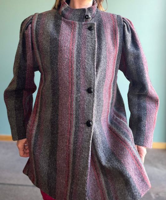 vtg 80s STRIPED WOOL COAT // vintage puffed sleeve pink and gray new wave coat stylish winter coat classy jacket unique earth tones striped