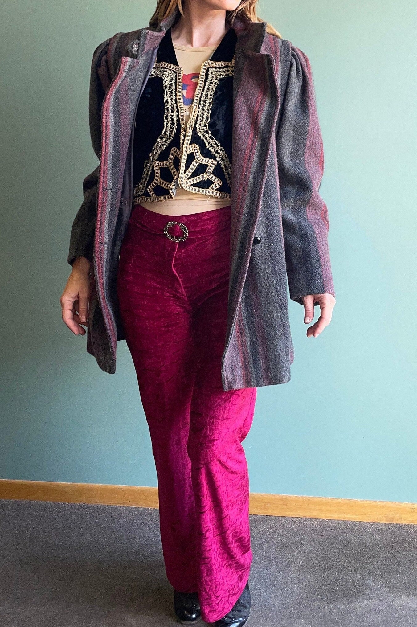 vtg 80s STRIPED WOOL COAT // vintage puffed sleeve pink and gray new wave coat stylish winter coat classy jacket unique earth tones striped