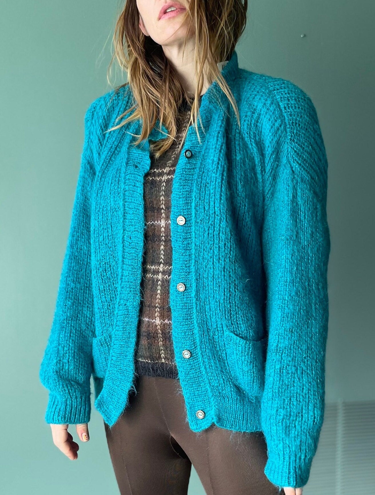 vtg 80s FUZZY TEAL CARDIGAN // vintage ribbed blue button up sweater womens medium shaggy bright funky casual cozy autumn style fashion top