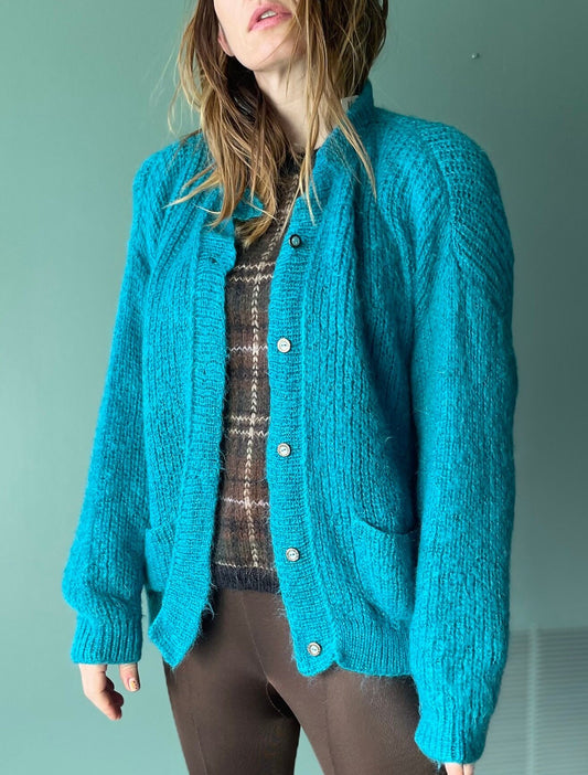 vtg 80s FUZZY TEAL CARDIGAN // vintage ribbed blue button up sweater womens medium shaggy bright funky casual cozy autumn style fashion top