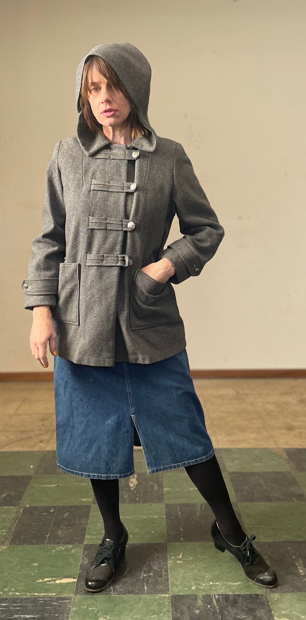 vtg 60s GRAY HOODED PEACOAT // vintage womens small wool winter coat button up military band style collared minimalist neutral autumn style