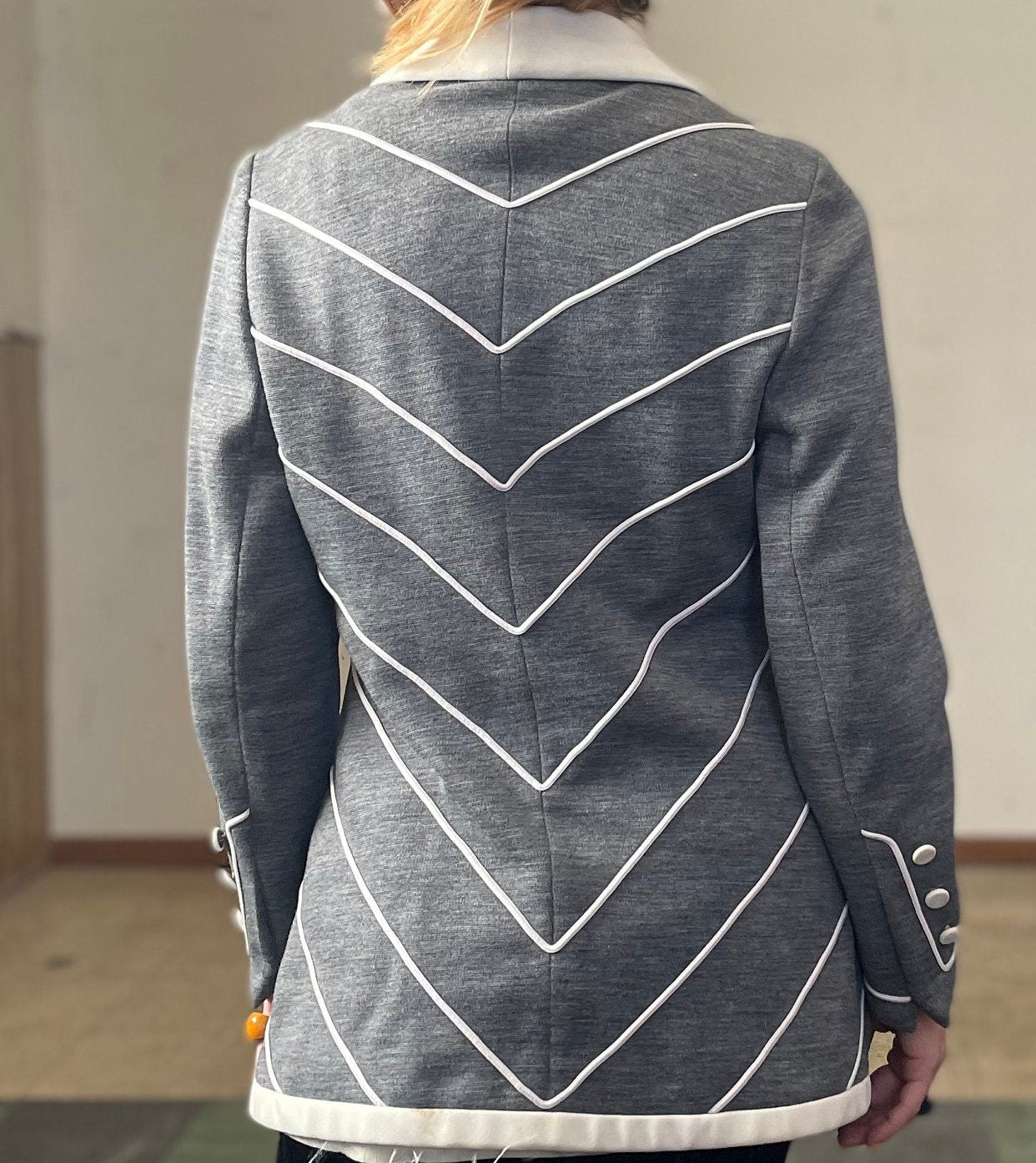 vtg 70s LILLI ANN BLAZER // vintage womens medium gray white striped button up striped autumn jacket preppy mod retro pointy collar business