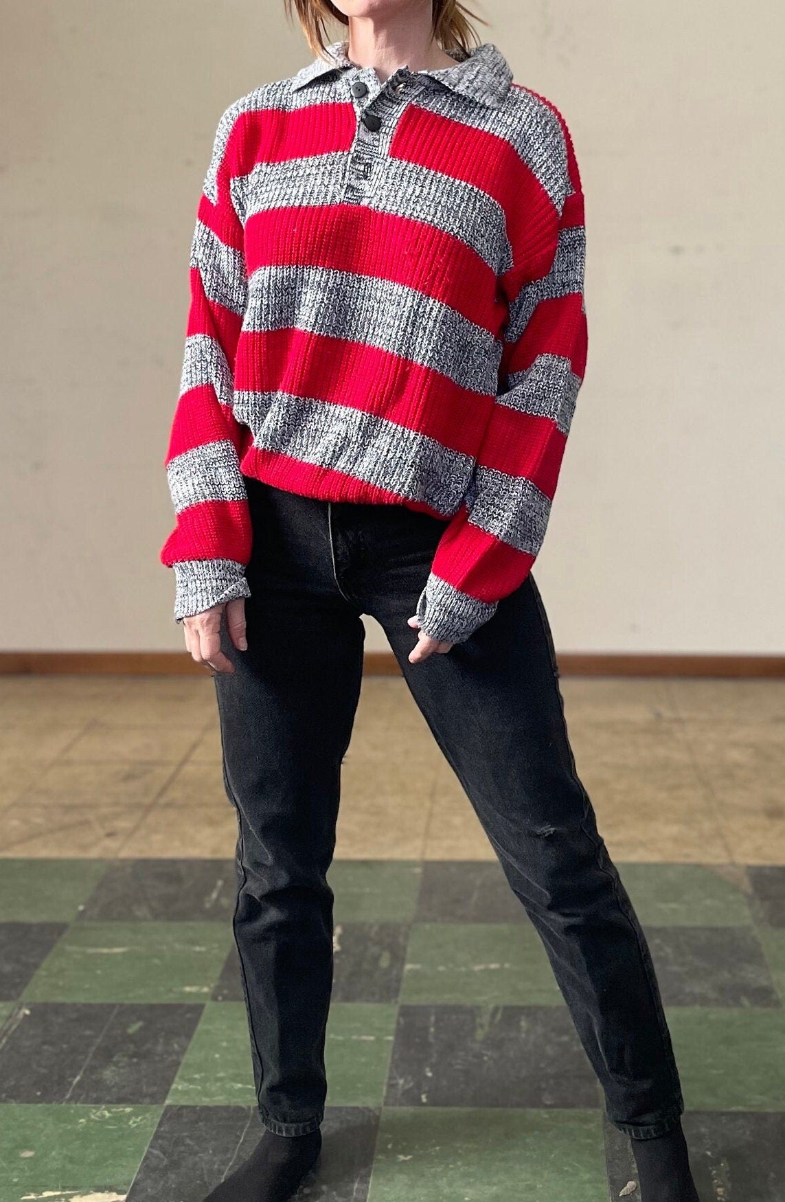 vtg 80s BIG STRIPED SWEATER // vintage slouchy collared button up 90s grunge womens large van heusen quarter button freddy krueger style top