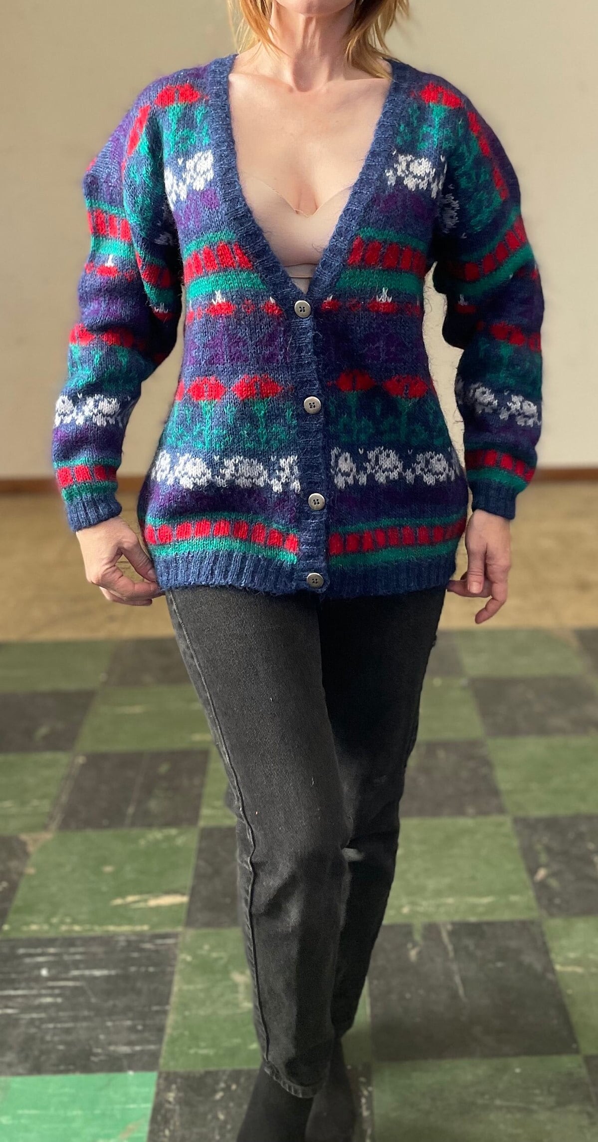 vtg 90s PATTERNED MOHAIR SWEATER // vintage paris sports club womens large fuzzy v neck buttons abstract print cardigan bright autumn style