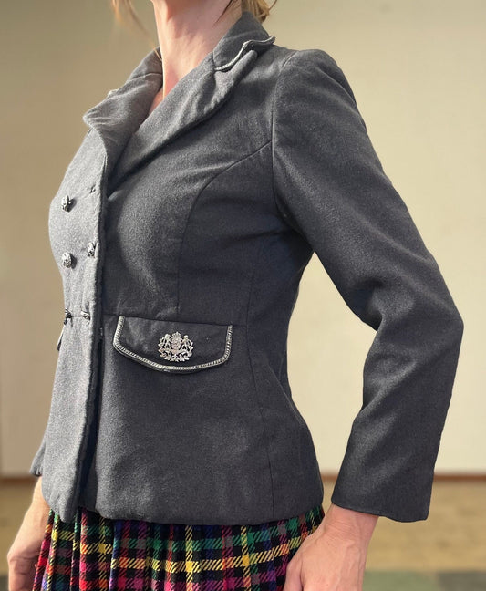 vtg 60s MILITARY STYLE JACKET // vintage petite womens small button up preppy mod minimalist gray winter blazer wool coat peplum dress coat