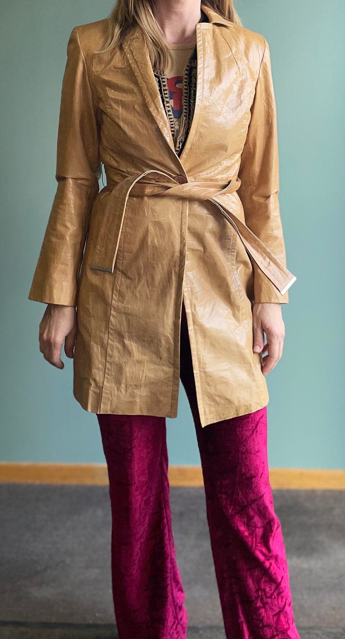 vtg 90s LEATHER CAMEL JACKET // vintage womens small retro tan long belted duster sexy neutral tones minimalist autumn style disco hippie