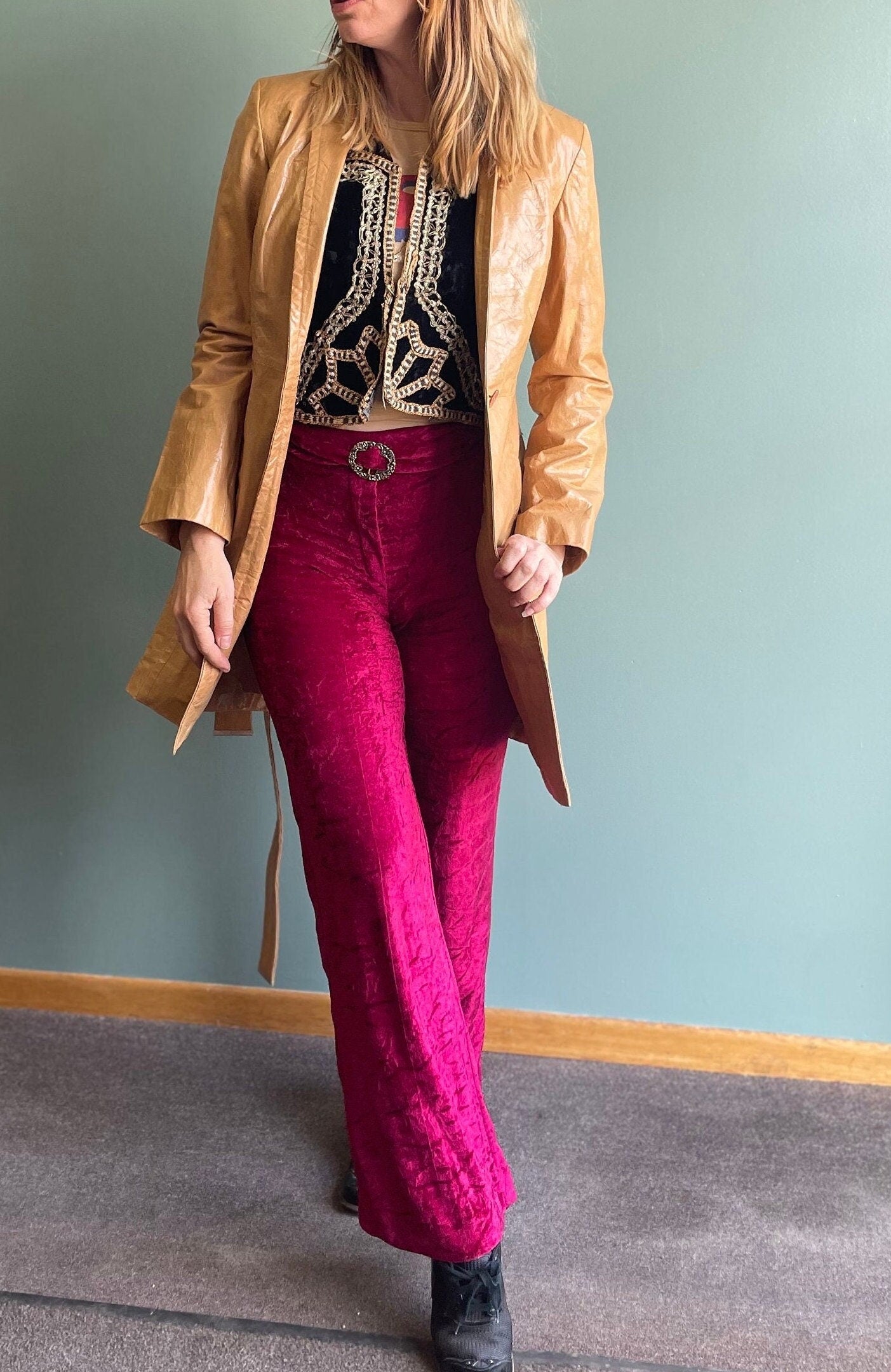 vtg 90s LEATHER CAMEL JACKET // vintage womens small retro tan long belted duster sexy neutral tones minimalist autumn style disco hippie