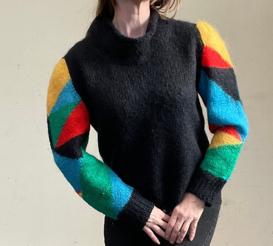 vtg 80s PUFFED SLEEVE SWEATER // vintage marceau medium womens bright patterned multicolor mock neck funky crazy colors maximalist winter