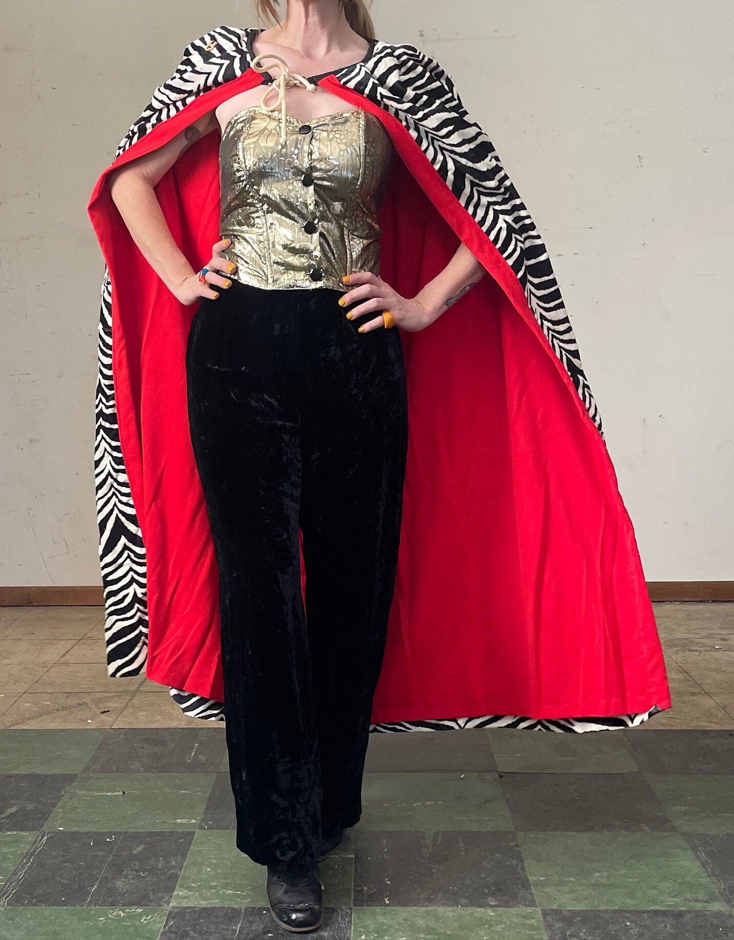 vtg 70s VELVET ZEBRA CAPE // vintage black white red animal print jacket abstract poncho dress glam rock drag womens retro style maxi dress