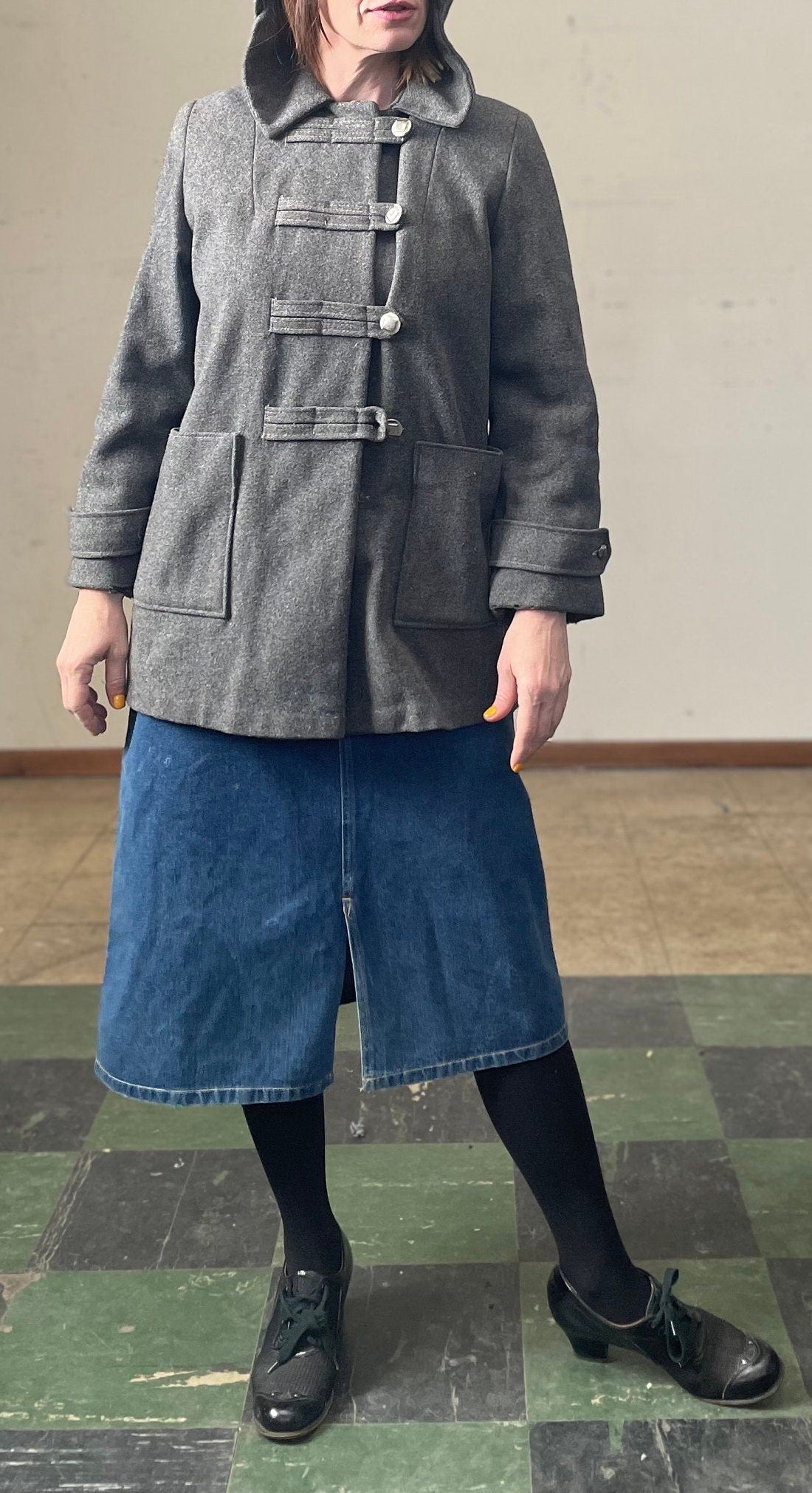 vtg 60s GRAY HOODED PEACOAT // vintage womens small wool winter coat button up military band style collared minimalist neutral autumn style