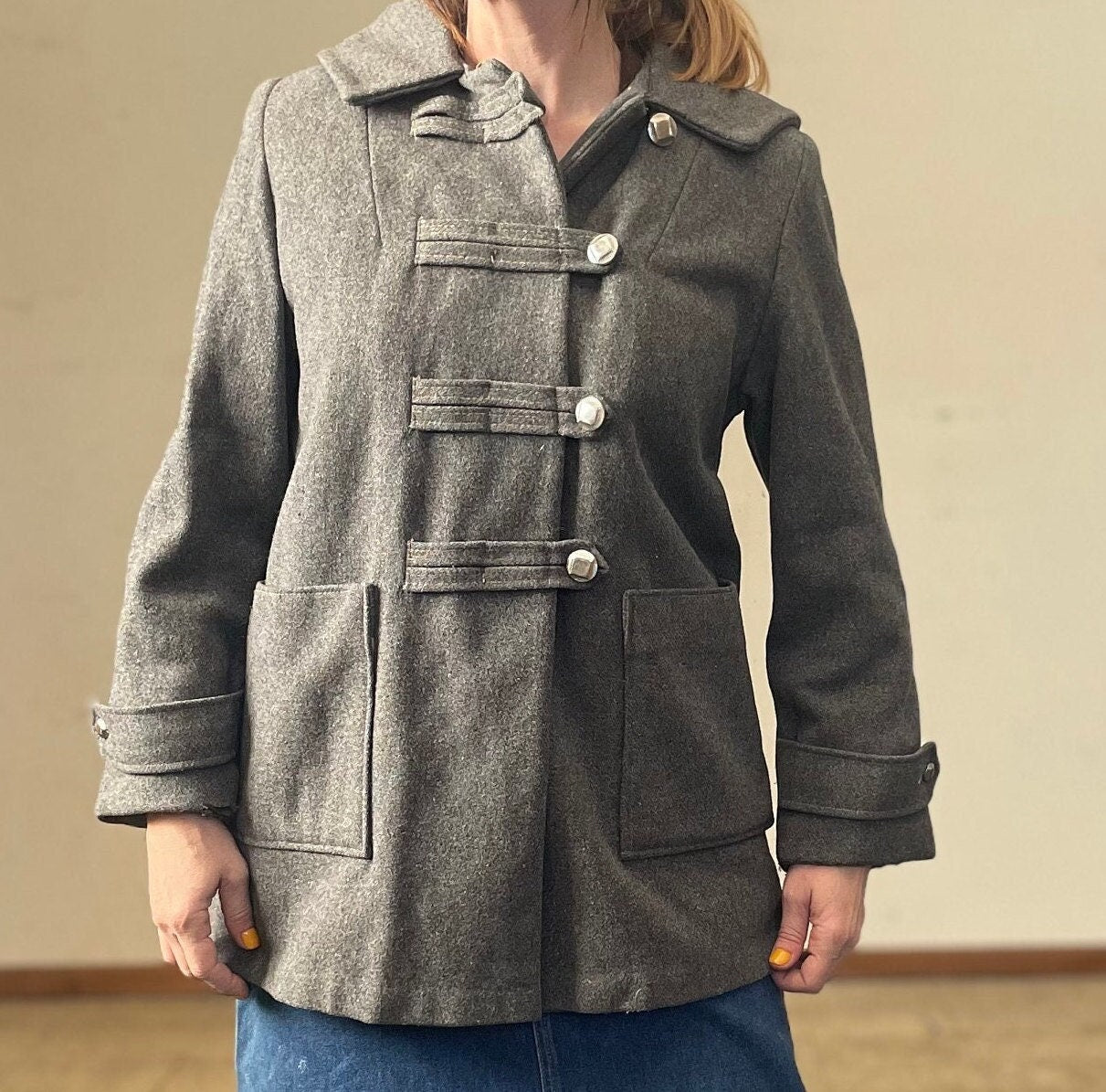 vtg 60s GRAY HOODED PEACOAT // vintage womens small wool winter coat button up military band style collared minimalist neutral autumn style