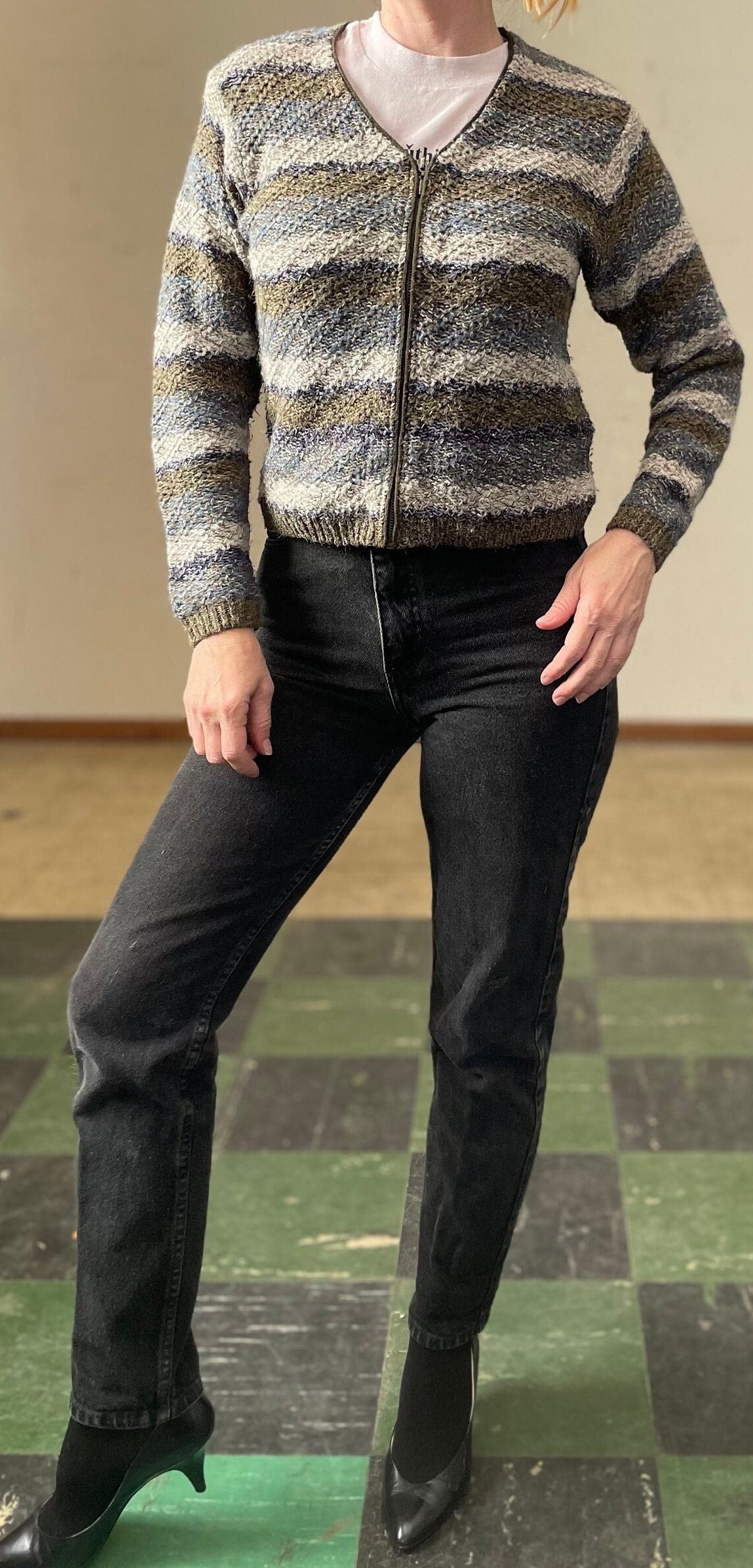 vtg 90s FITTED SILK SWEATER // vintage phoebe buffay style womens small zip up textured striped knit cardigan casual neutral tones winter