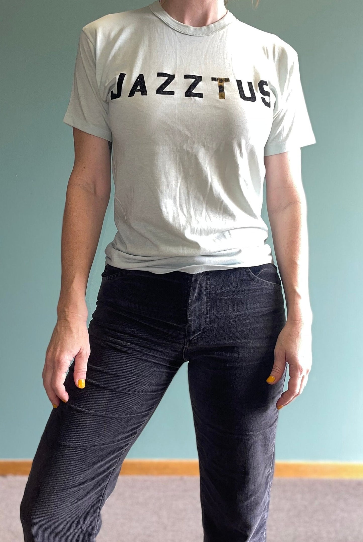 vtg 70s  JAZZTUS CAMP TEE // vintage ebert medium unisex iron on nickname retro kickball sports team player spell out letters slogan tee