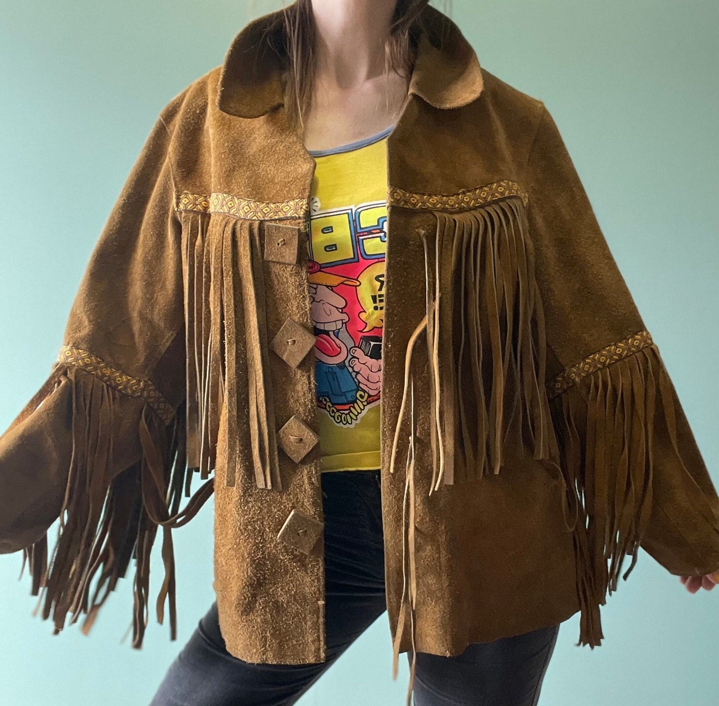 vtg 70s SUEDE FRINGE JACKET // vintage tapestry embroidered brown leather fringe hippie western boho davy crockett buckskin easy rider biker