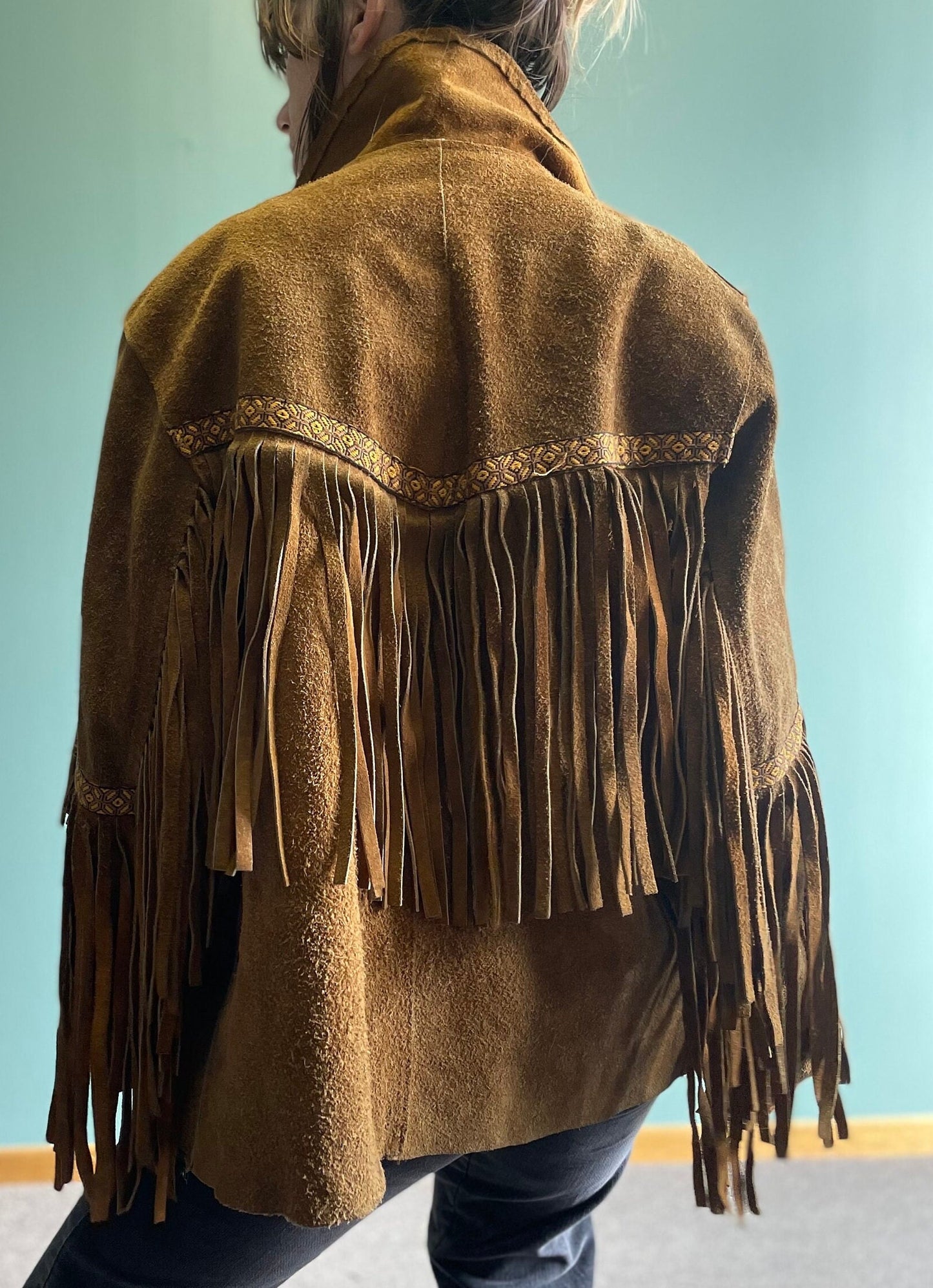 vtg 70s SUEDE FRINGE JACKET // vintage tapestry embroidered brown leather fringe hippie western boho davy crockett buckskin easy rider biker