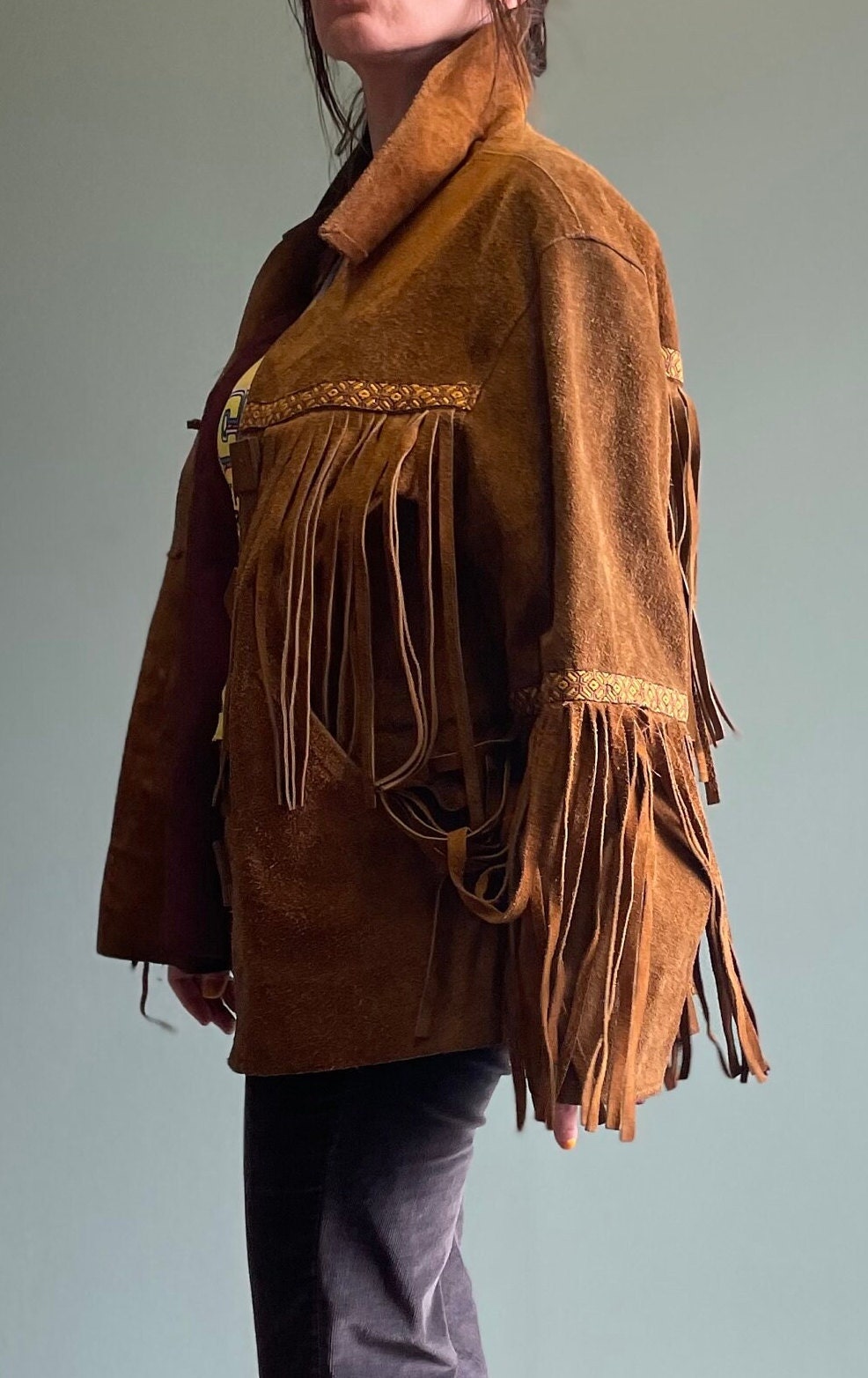 vtg 70s SUEDE FRINGE JACKET // vintage tapestry embroidered brown leather fringe hippie western boho davy crockett buckskin easy rider biker