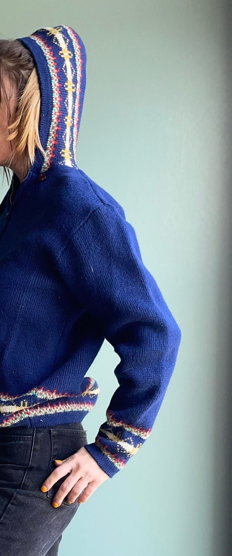 vtg 70s HOODED NAVY SWEATER // chunky warm cozy style era tv show character school blue code zip up cardigan wool jumper boxy jacket