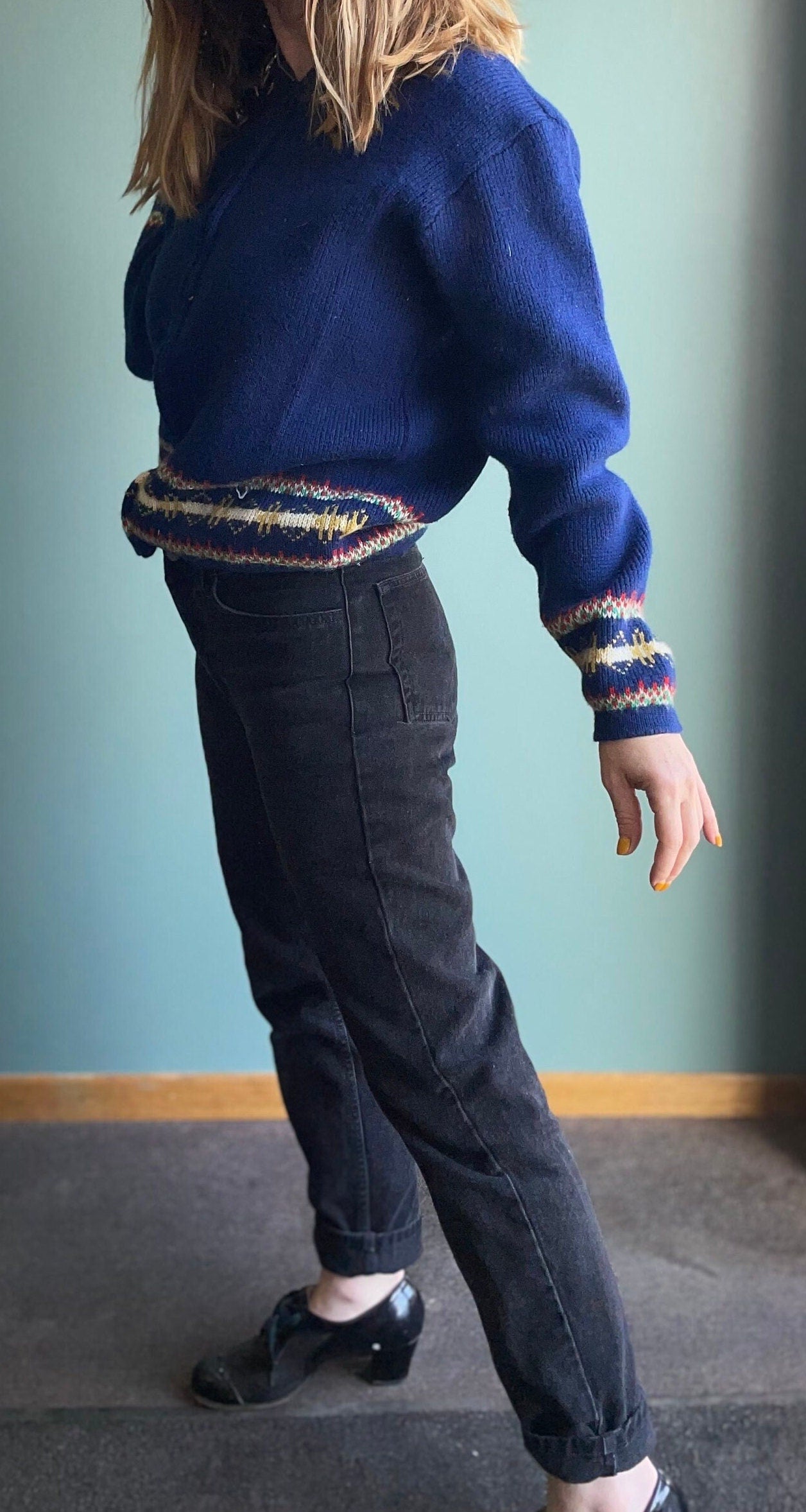 vtg 70s HOODED NAVY SWEATER // chunky warm cozy style era tv show character school blue code zip up cardigan wool jumper boxy jacket